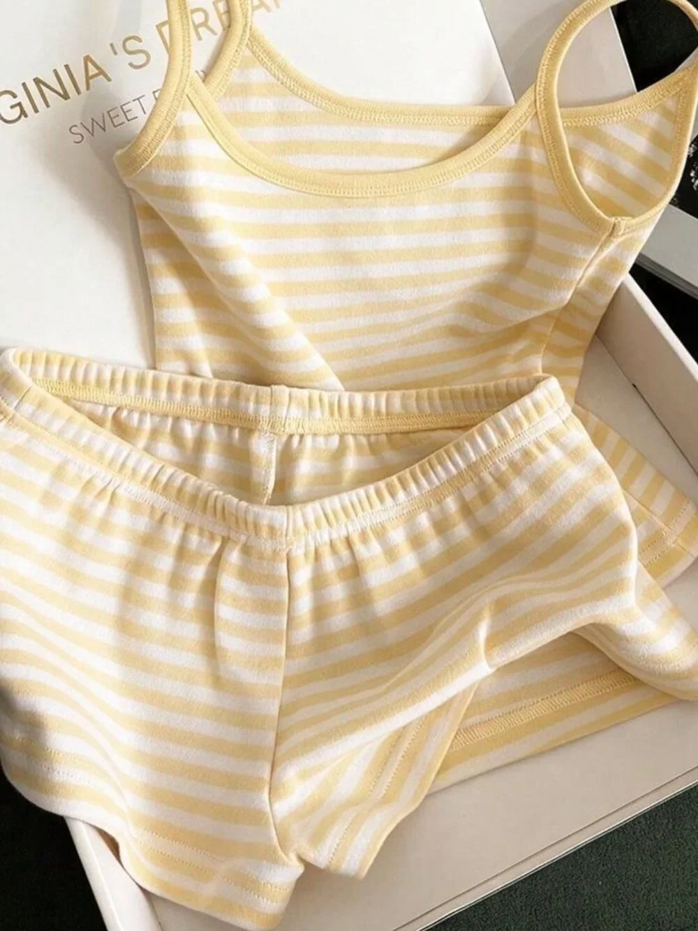 Light Yellow Casual Women's Vacation Striped Camisole Top And Shorts Set